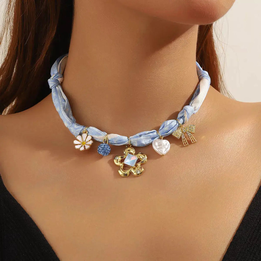 Ribbon Flower Charm Necklace by Trendsi