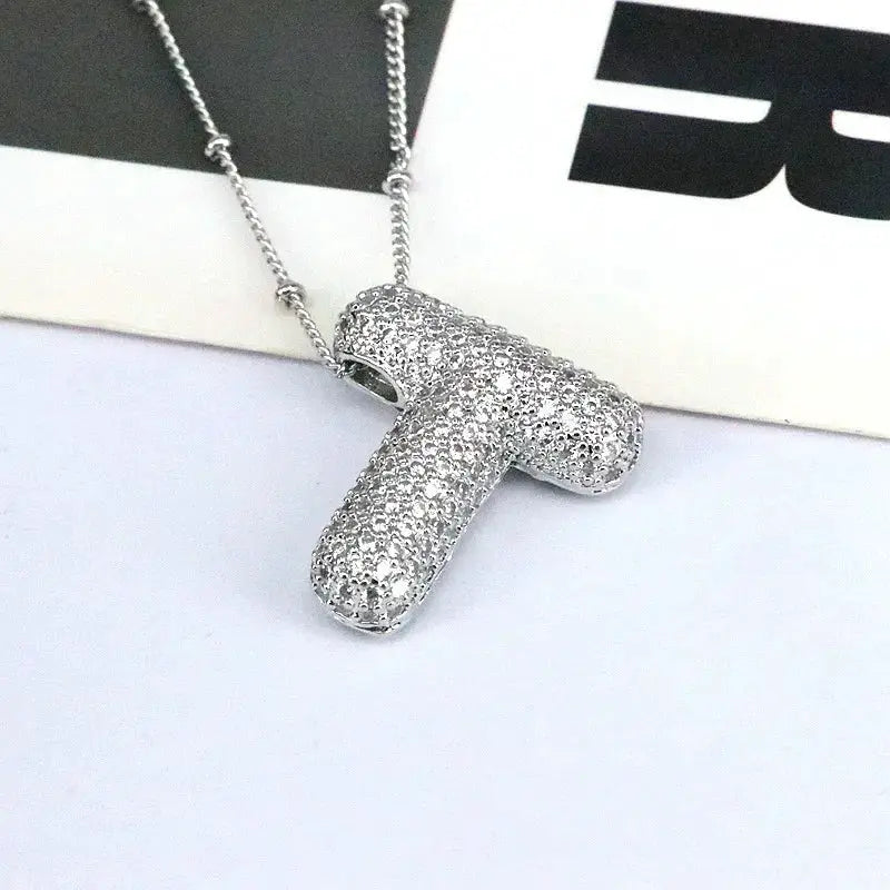 Copper Inlaid Zircon Letter Pendant Necklace by Trendsi