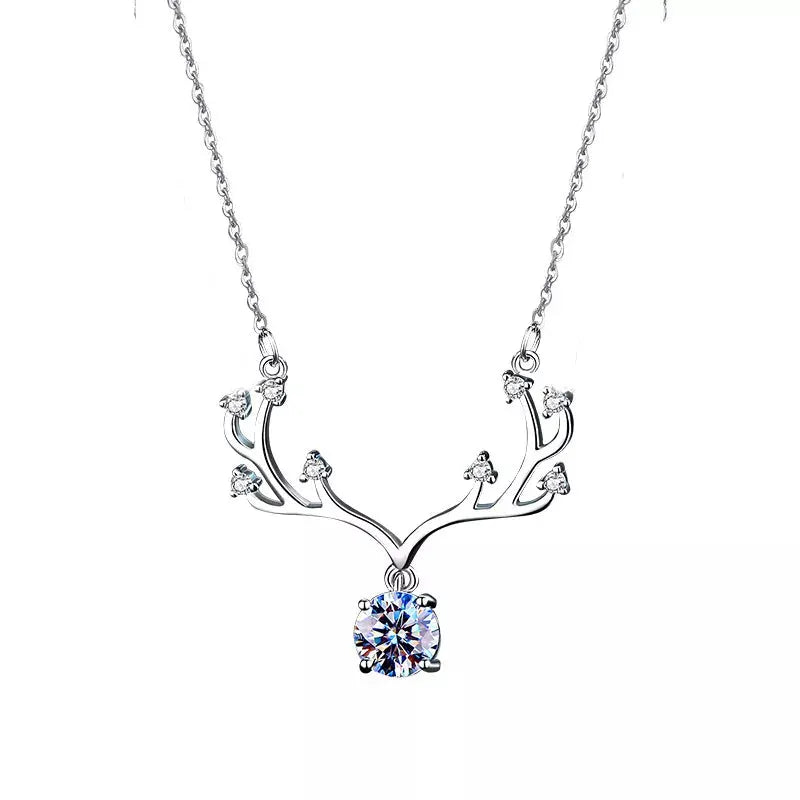 1 Carat Moissanite 925 Sterling Silver Deer Antler Pendant Necklace by Trendsi