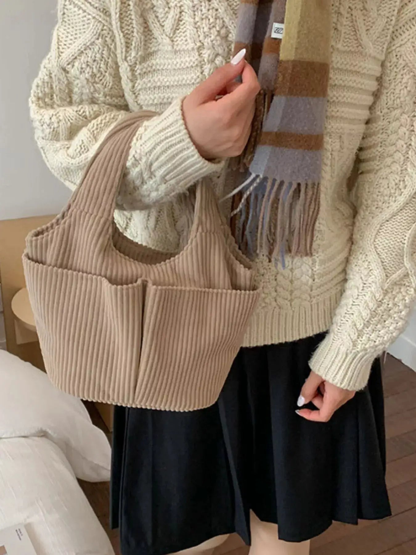 Corduroy Solid Color Handbag by Trendsi