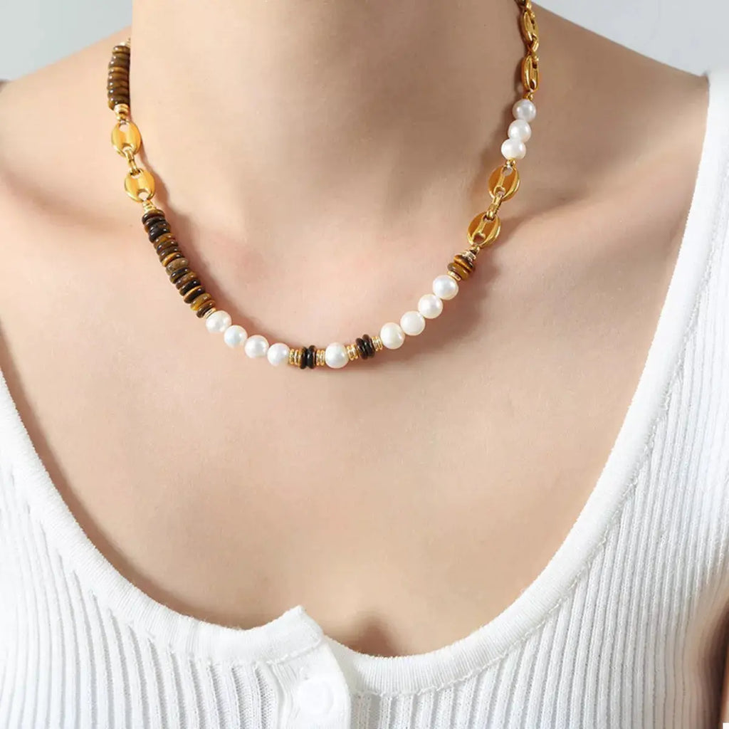 Tiger's Eye Freshwater Pearl 18K Gold-Plated Bead Necklace by Trendsi