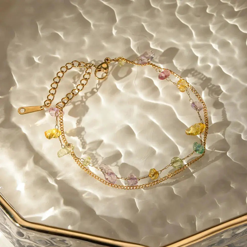 Stainless Steel Natural Stone Double Layered Bracelet by Trendsi