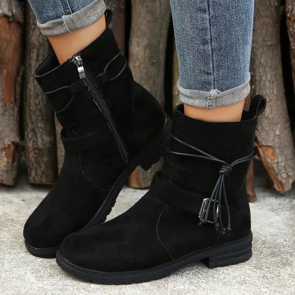 Suede Side Zip Round Toe Boots by Trendsi