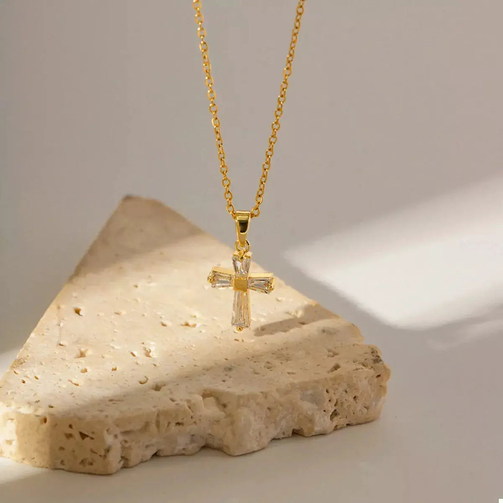 18K Gold-Plated Stainless Steel Zircon Cross Necklace by Trendsi
