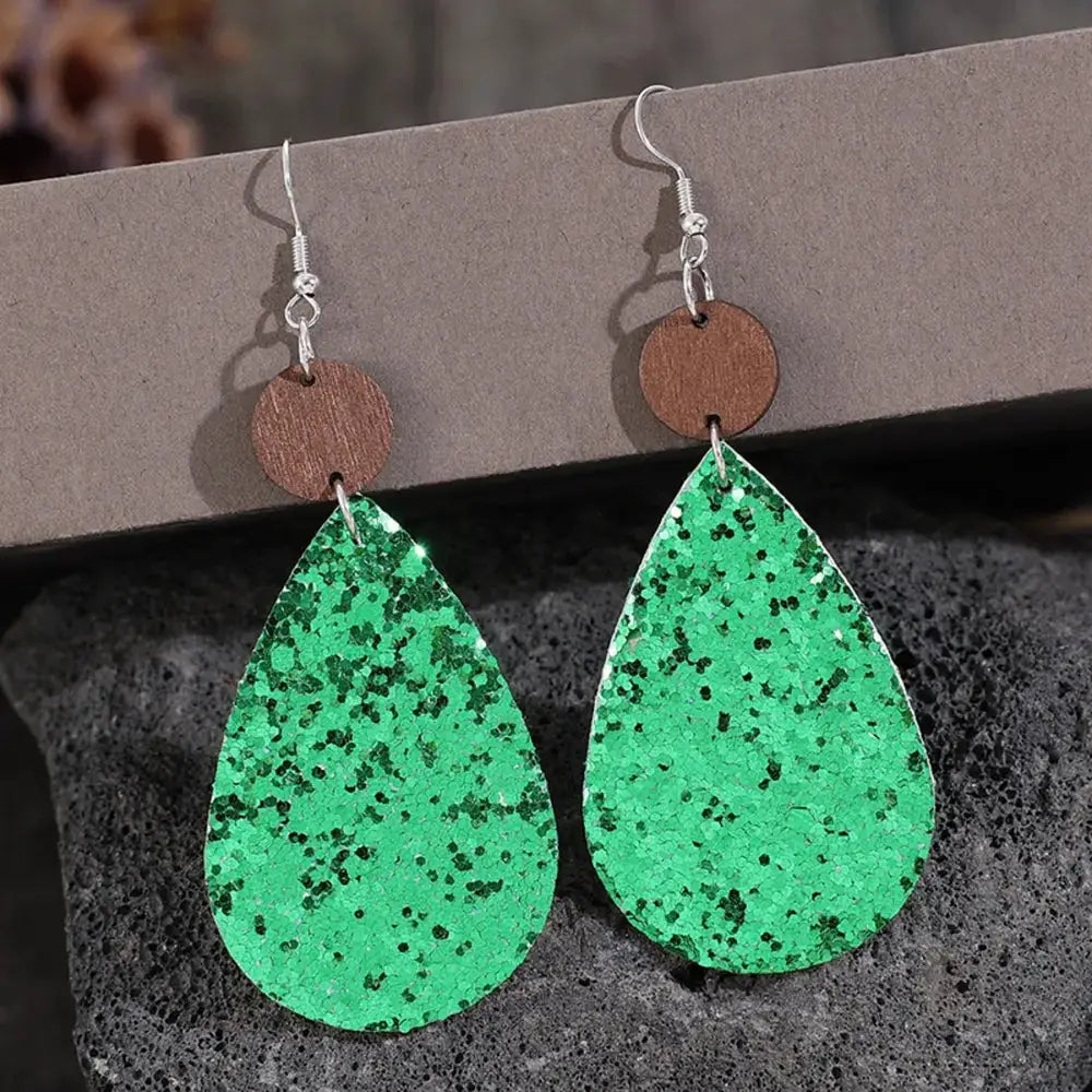 Sequin PU Leather Wooden Dangle Earrings by Trendsi