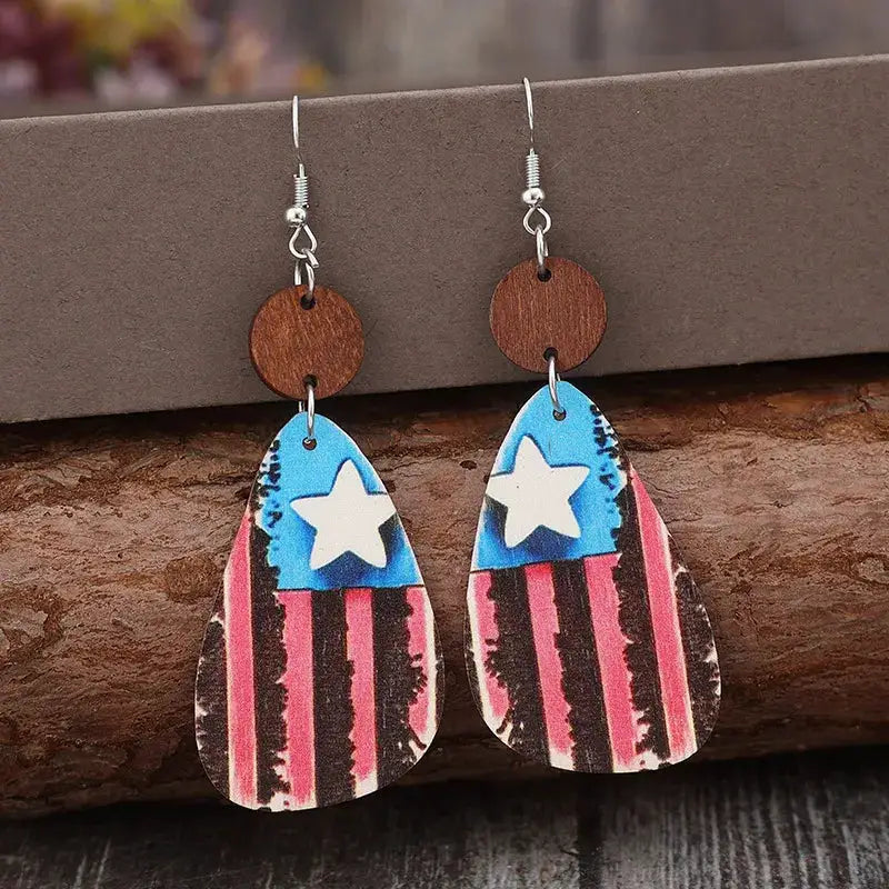 Star & Stripes Wooden Dangle Earrings by Trendsi