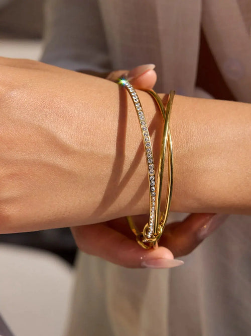 18K Gold-Plated Crossover Inlaid Zircon Bracelet by Trendsi