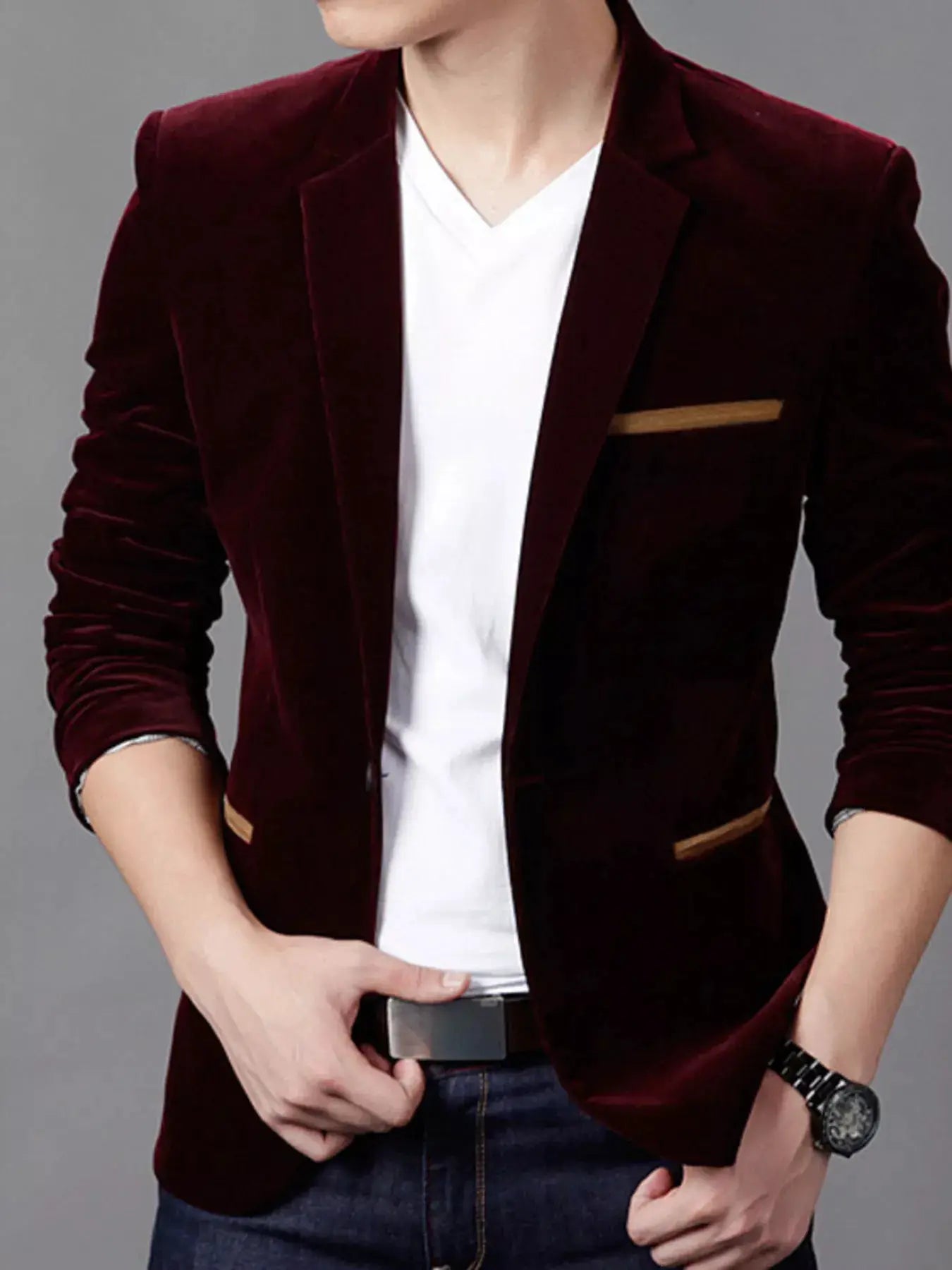 Men's Plus Size Slim Fit Velvet Blazer by Trendsi