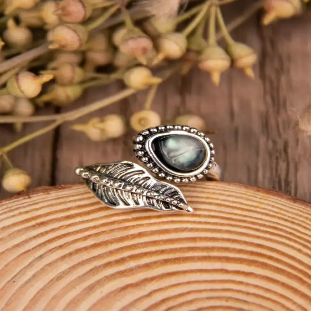 Alloy Moonstone Leaf Bypass Ring by Trendsi