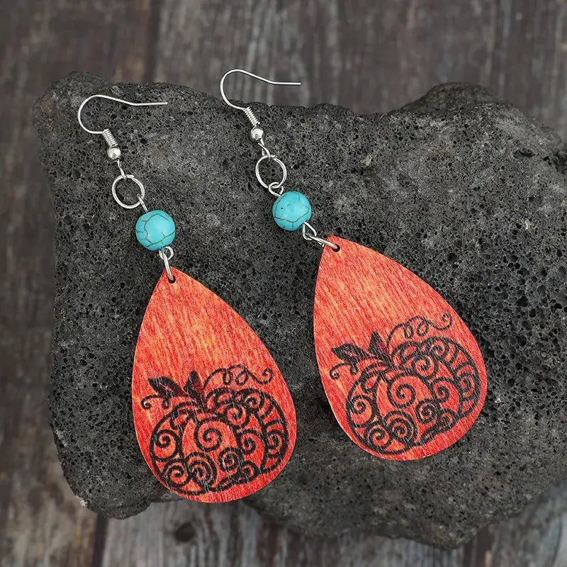 Turquoise Wooden Pumpkin Teardrop Earrings by Trendsi
