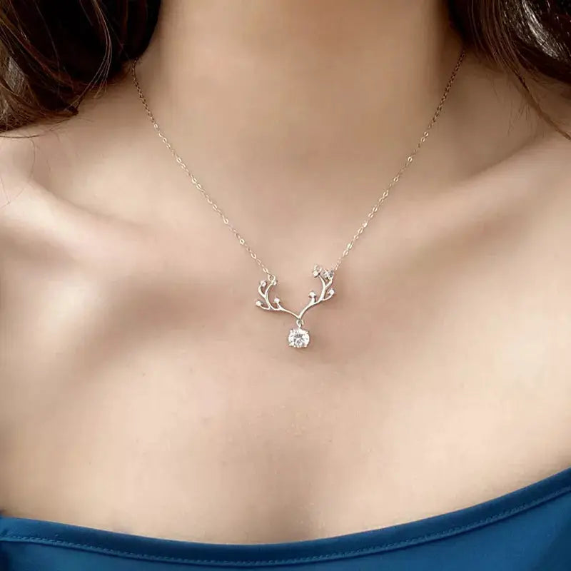 1 Carat Moissanite 925 Sterling Silver Deer Antler Pendant Necklace by Trendsi