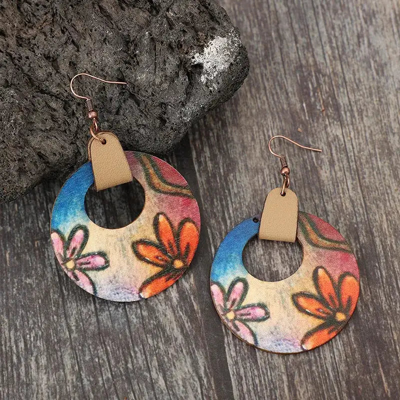 Wooden Flower Round Shape Earrings by Trendsi
