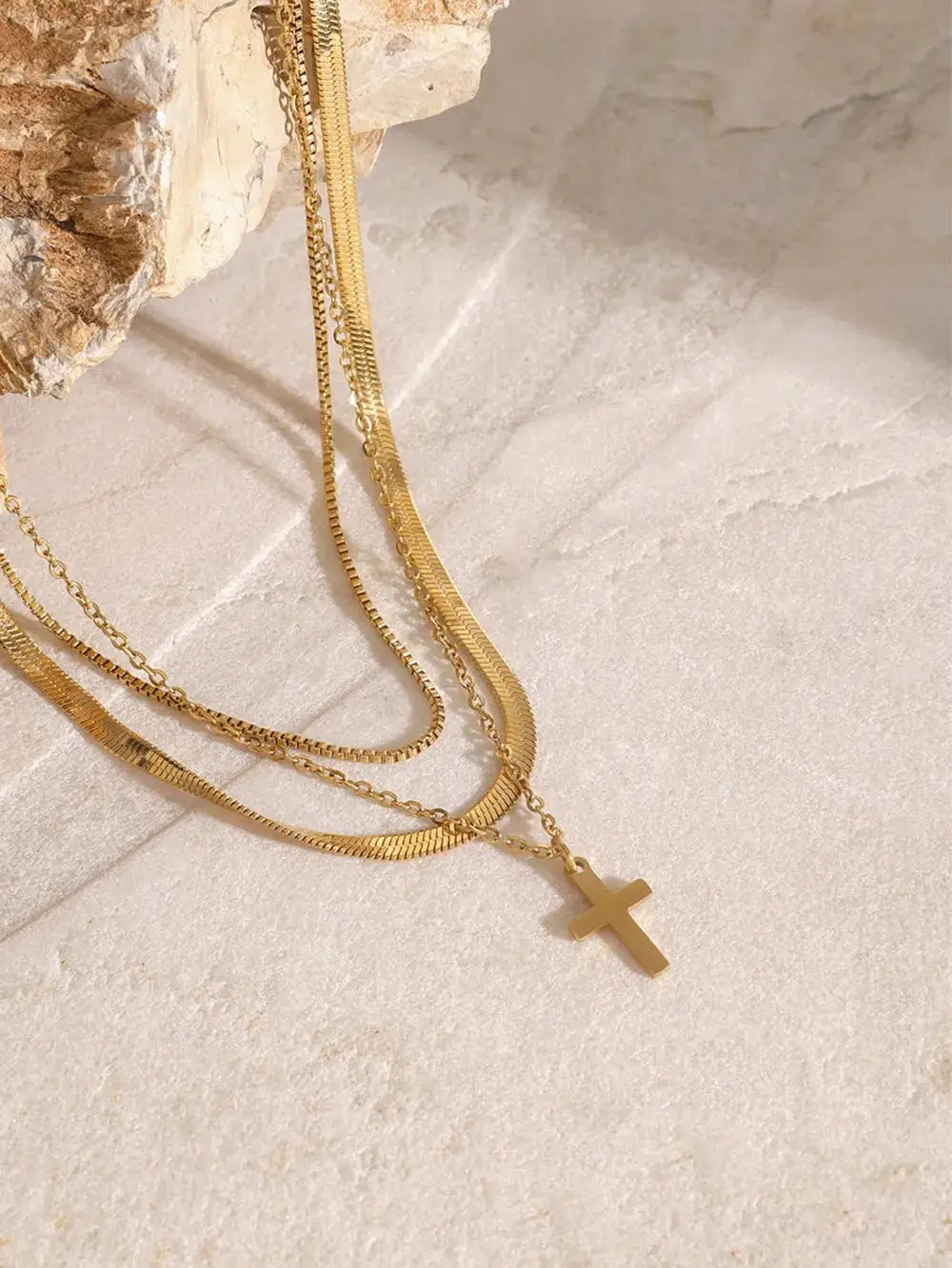 18K Gold-Plated Three-Layered Cross Necklace by Trendsi