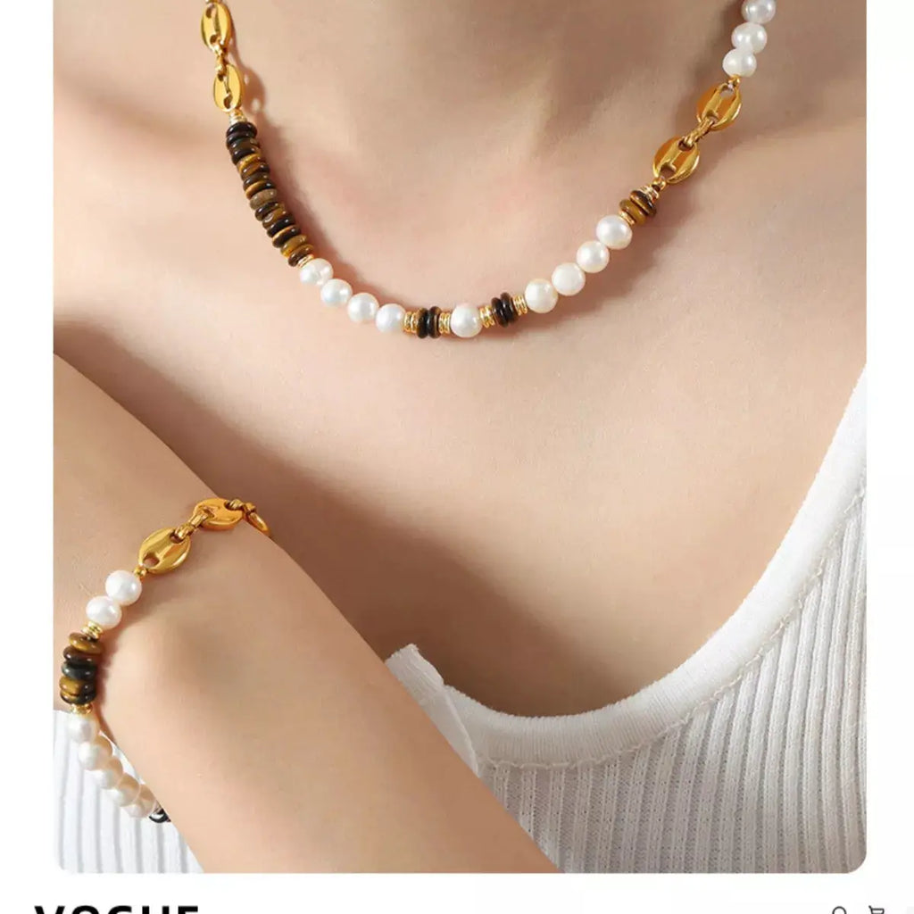 Tiger's Eye Freshwater Pearl 18K Gold-Plated Bead Necklace by Trendsi
