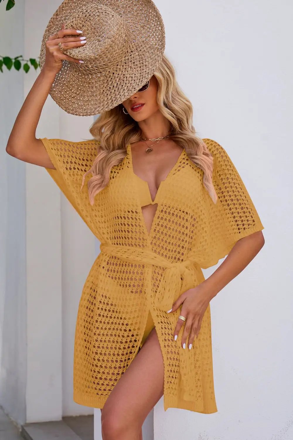 Openwork Tie Waist Cover Up by Trendsi