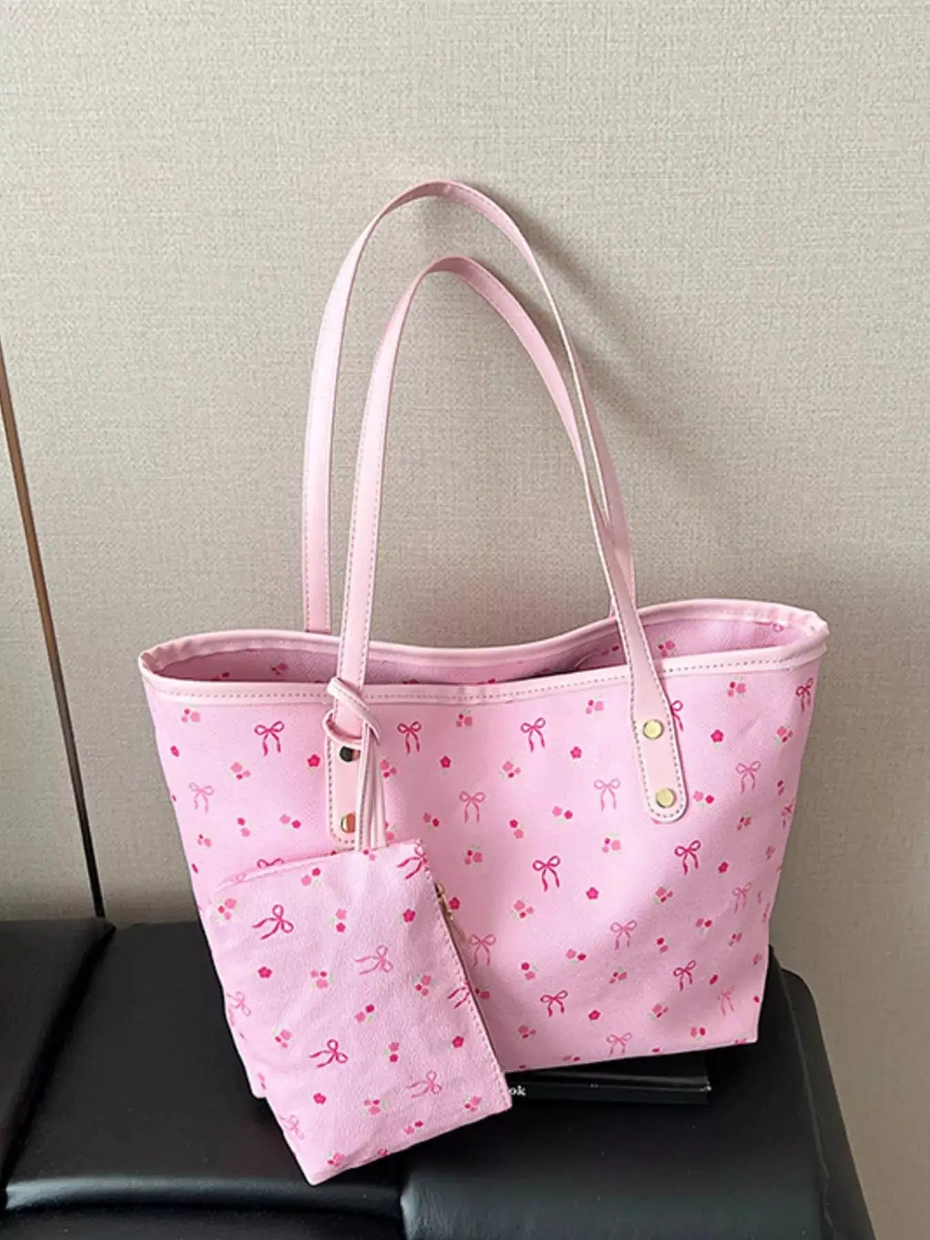 Printed Tote Shoulder Bag with Pouch by Trendsi