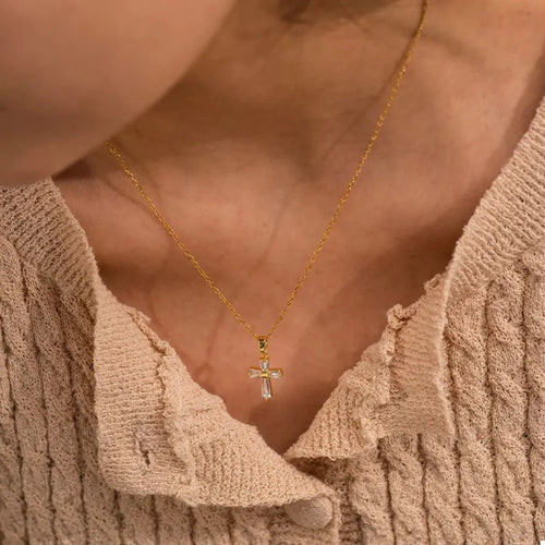 18K Gold-Plated Stainless Steel Zircon Cross Necklace by Trendsi
