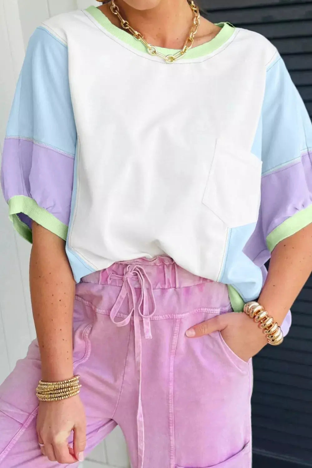 Color Block Patchwork Half Sleeve Oversized T Shirt by Trendsi
