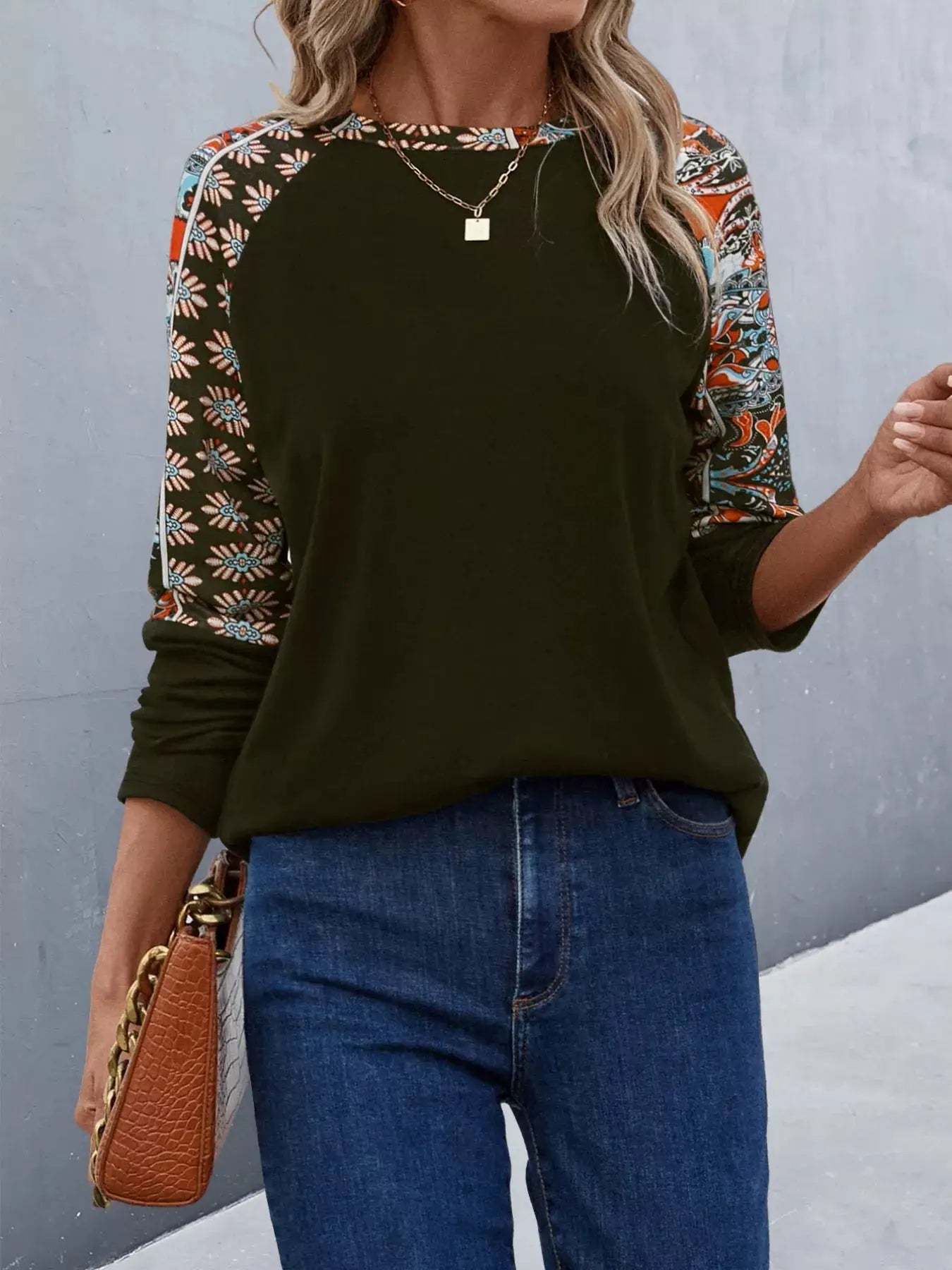 Printed Raglan Sleeve Round Neck T-Shirt by Trendsi