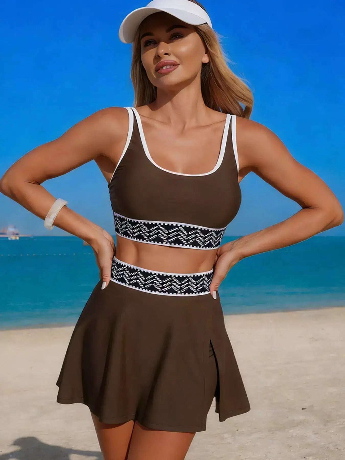 Contrast Trim Tank and Skort Swim Set by Trendsi