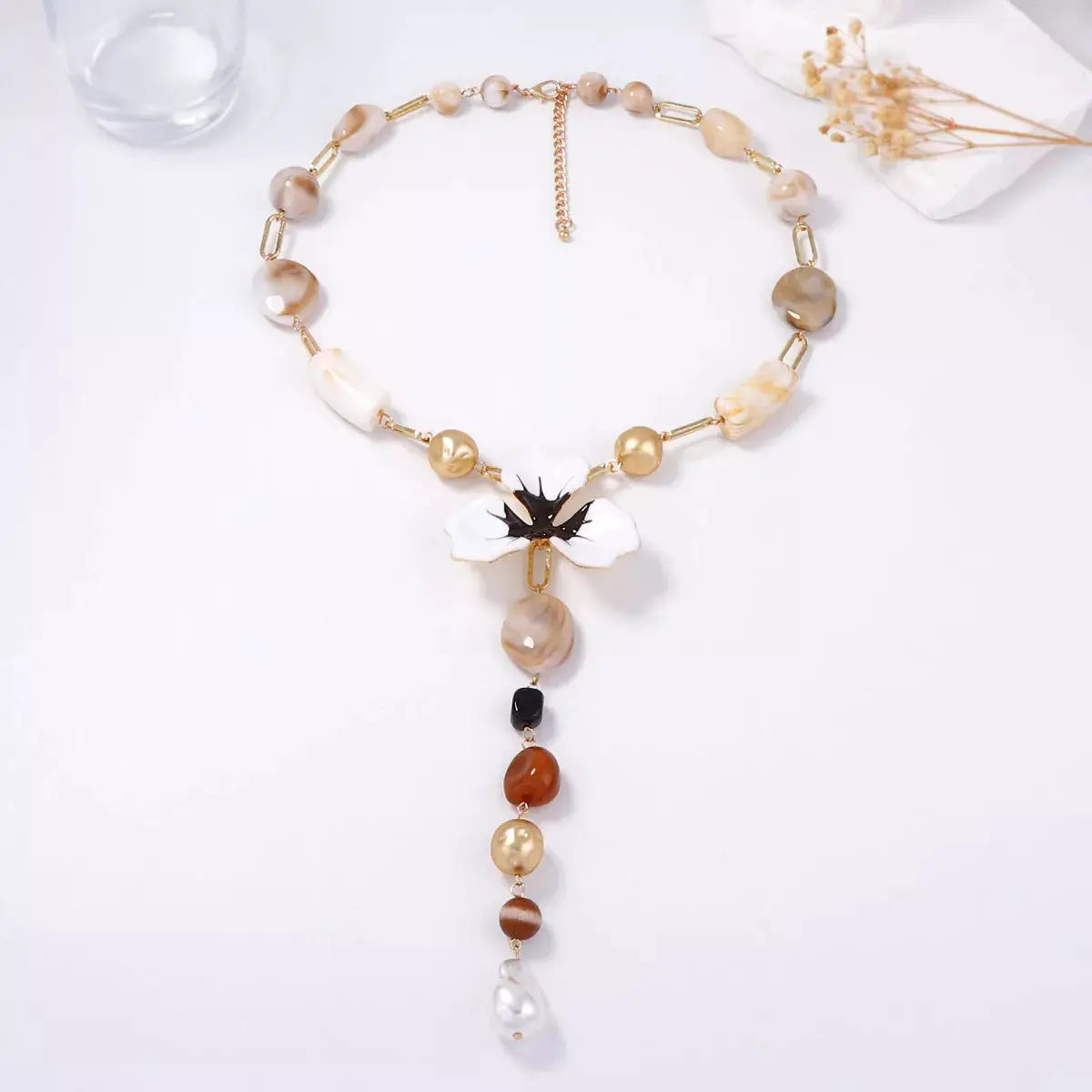 Alloy Dripping Oil Flower Resin Y-Shaped Necklace by Trendsi