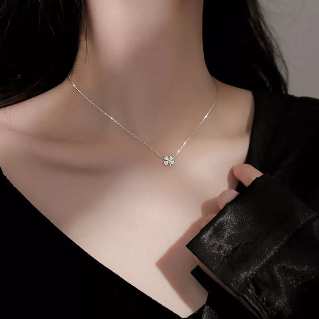 925 Sterling Silver Zircon Four Leaf Clover Necklace by Trendsi