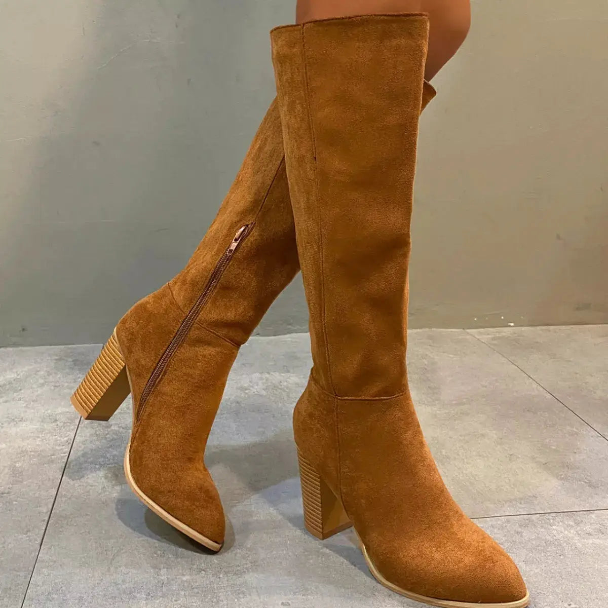 Point Toe Knee-High Suede Block Heel Boots by Trendsi