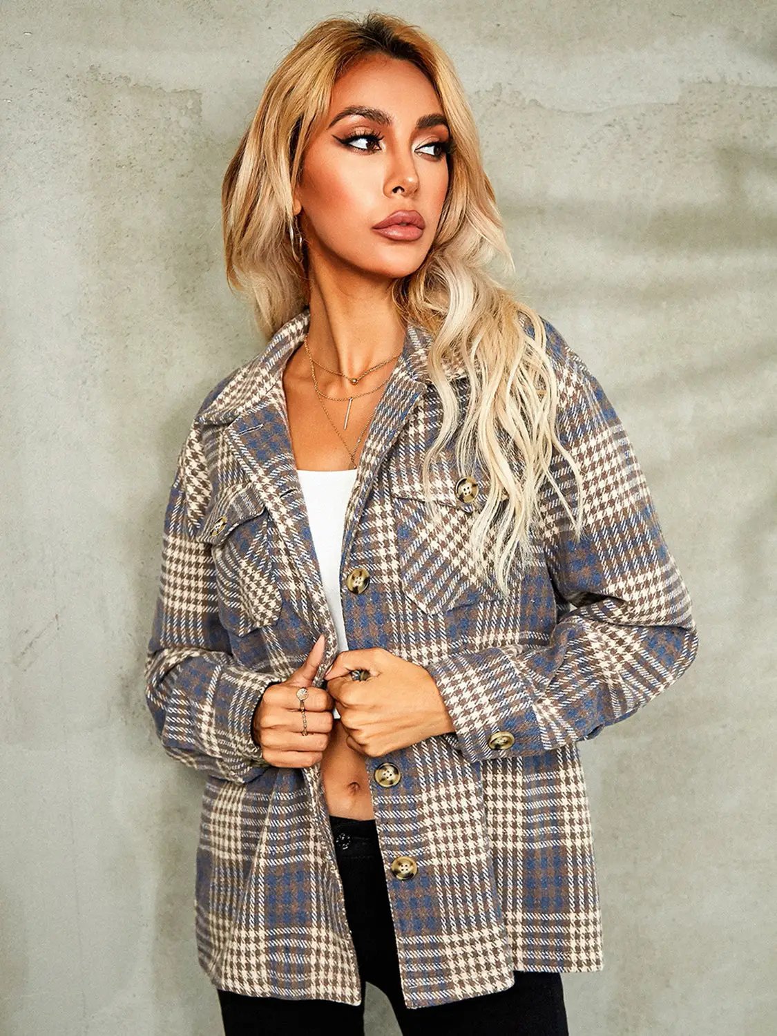 Plaid Button Down Collared Jacket by Trendsi