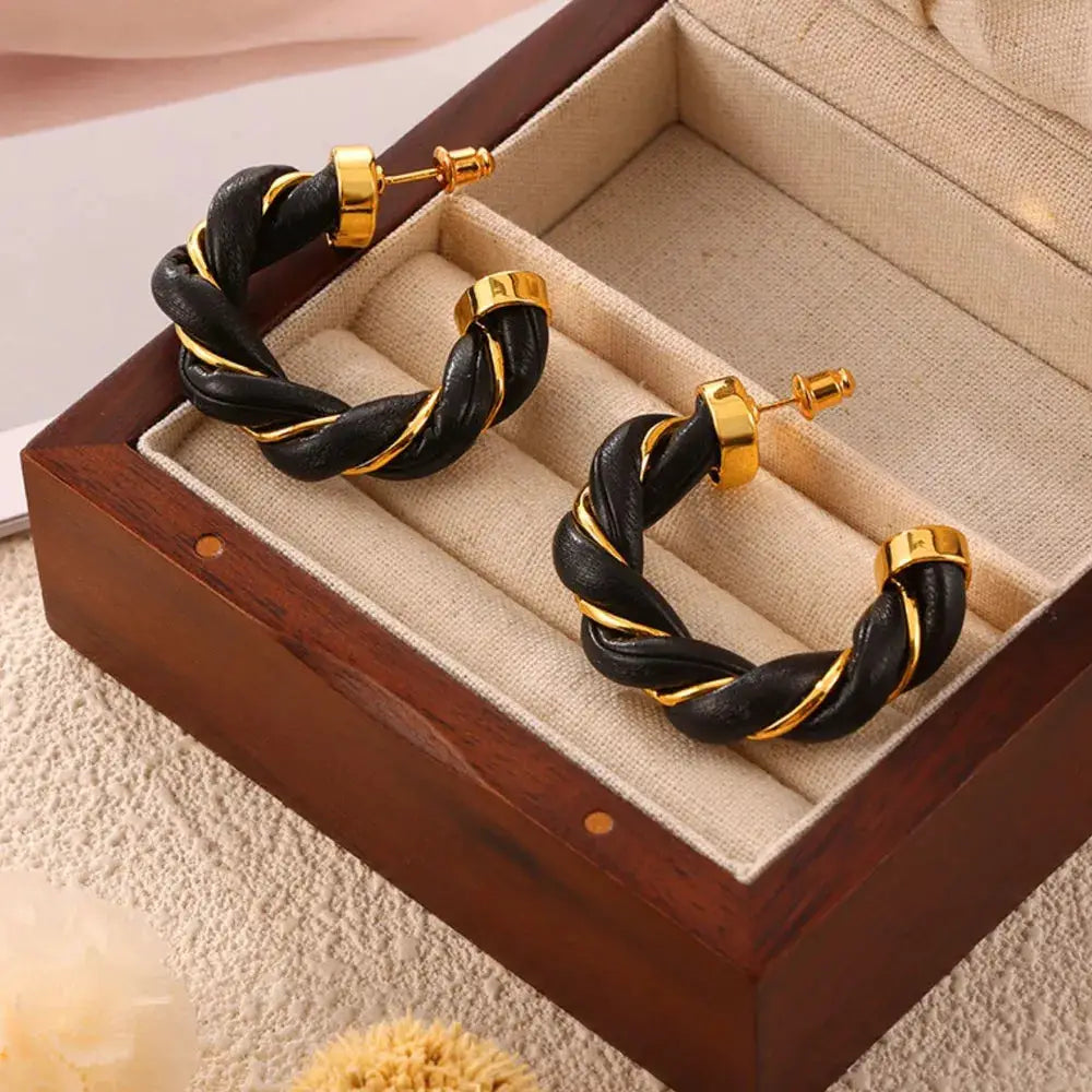 Twisted Leather Rope C-Hoop Earrings by Trendsi