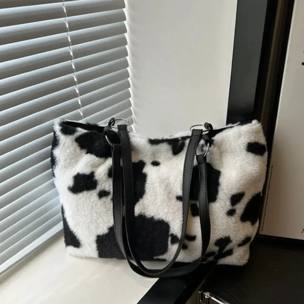 Cow Print Furry Tote Bag by Trendsi