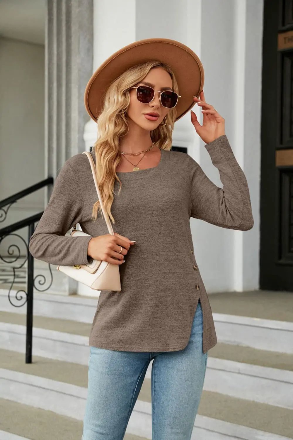 Square Neck Long Sleeve Slit T-Shirt by Trendsi