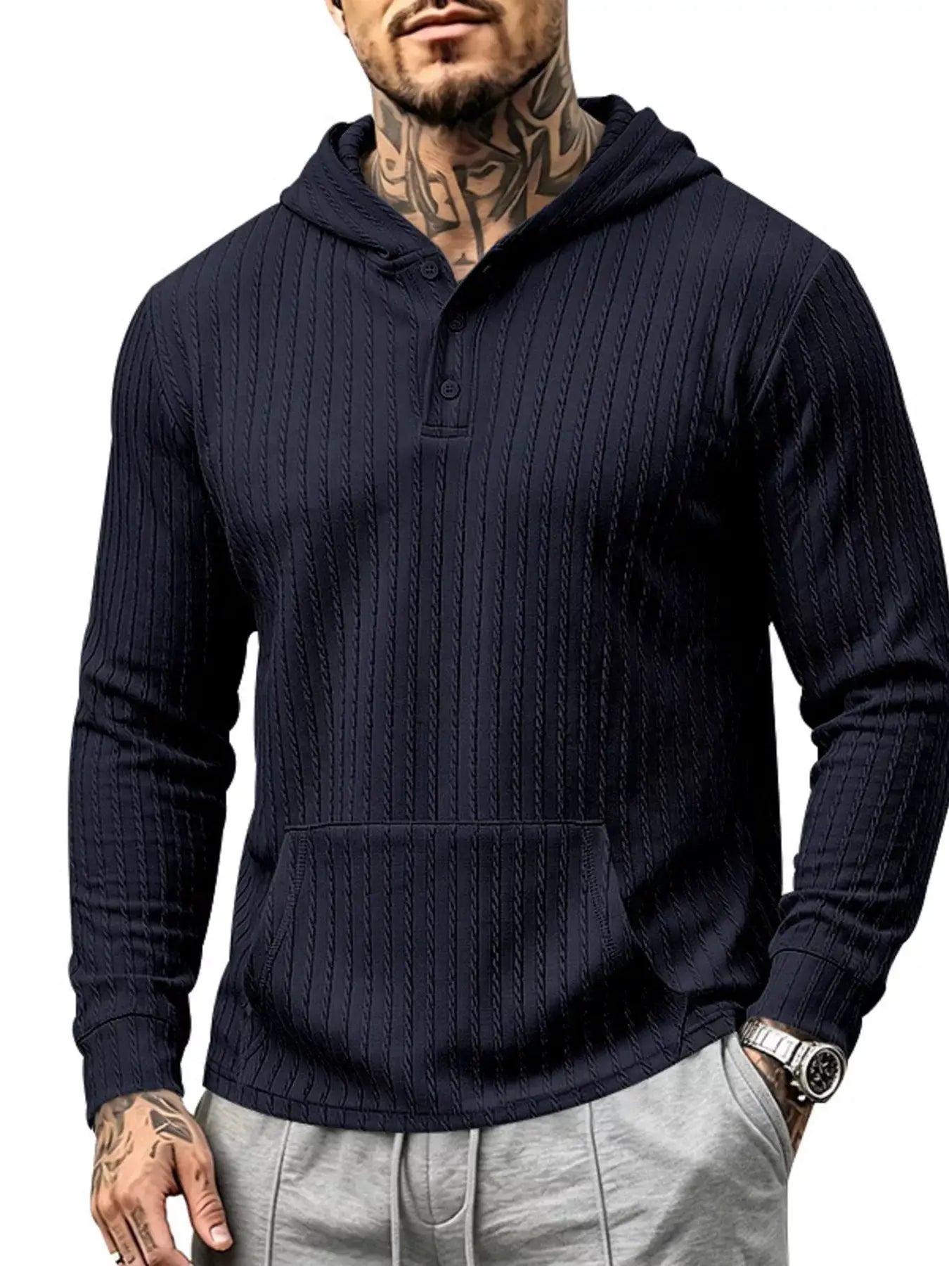 Men's Full Size Casual Kangaroo Pocket Knit Hoodie Plus Size by Trendsi