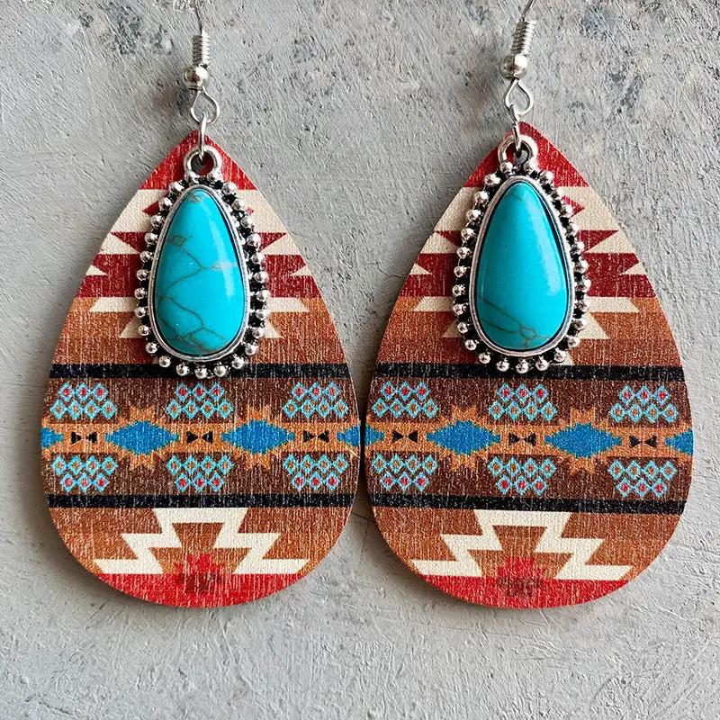 Turquoise Teardrop Shape Wooden Dangle Earrings by Trendsi
