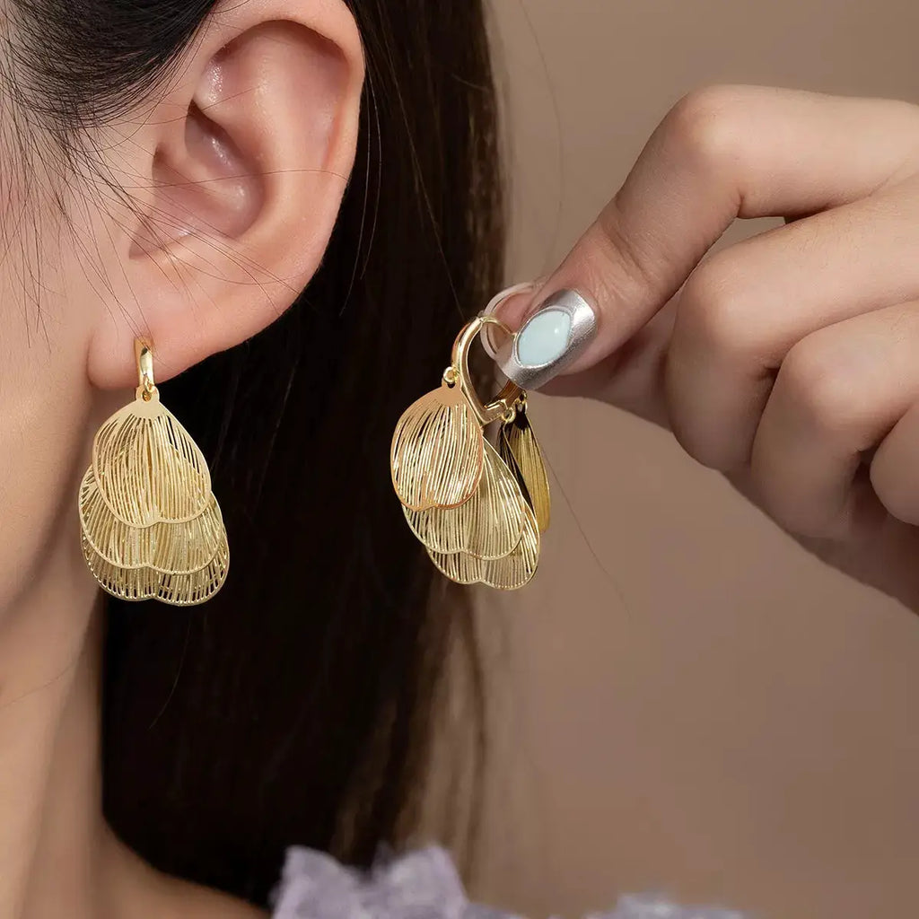 18K Gold-Plated Textured Leaf Drop Earrings by Trendsi