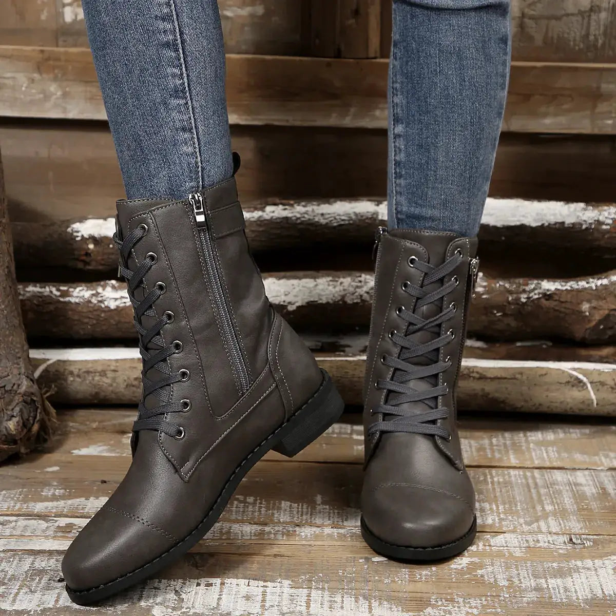 Round Toe Lace Up Block Heels Boots by Trendsi