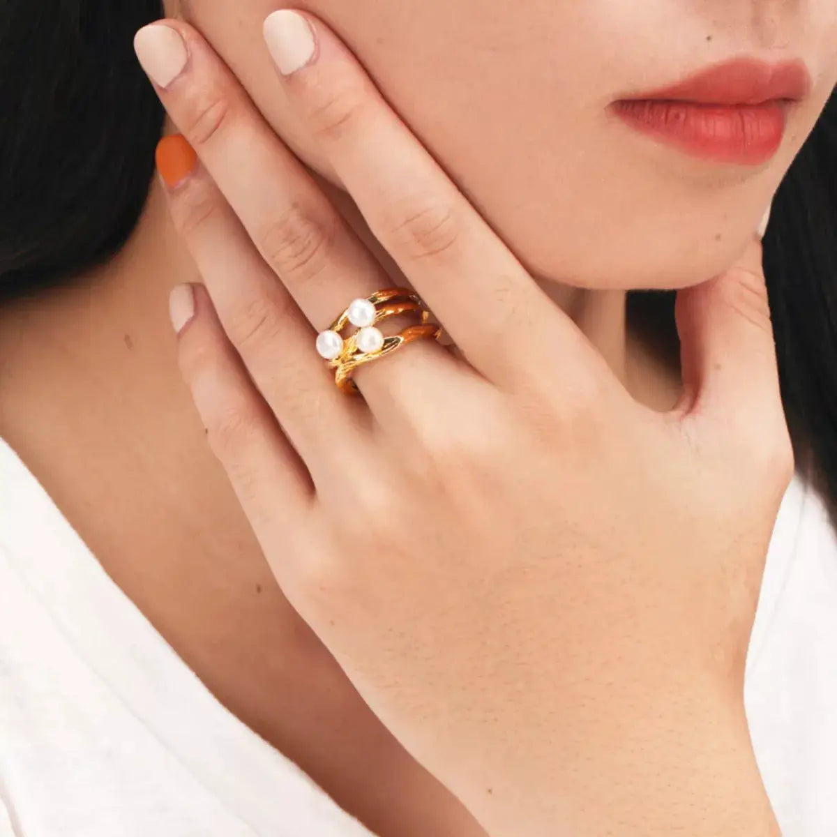 Synthetic Pearl 18K Gold-Plated Copper Ring by Trendsi