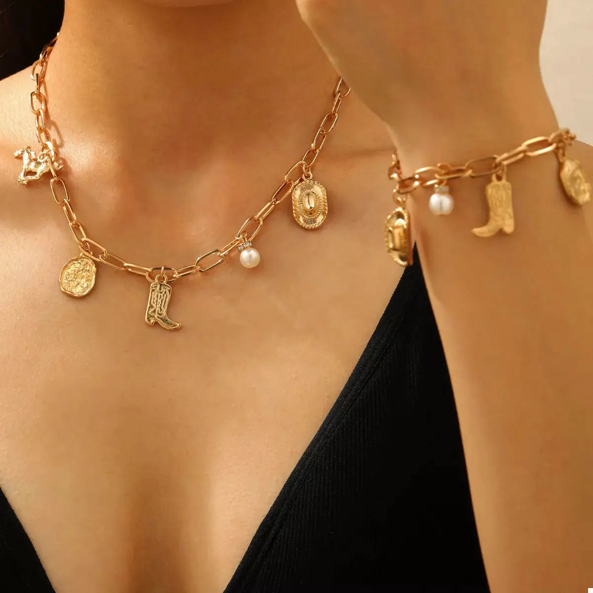 18K Gold-Plated Charm Necklace and Bracelet Jewelry Set by Trendsi