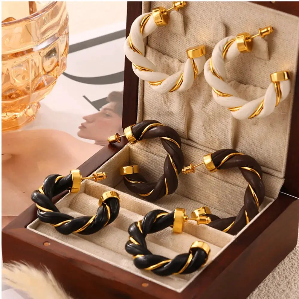 Twisted Leather Rope C-Hoop Earrings by Trendsi
