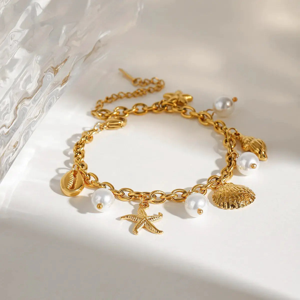 Ocean Theme Stainless Steel Chain Bracelet with Seashell and Starfish Pendants by Trendsi