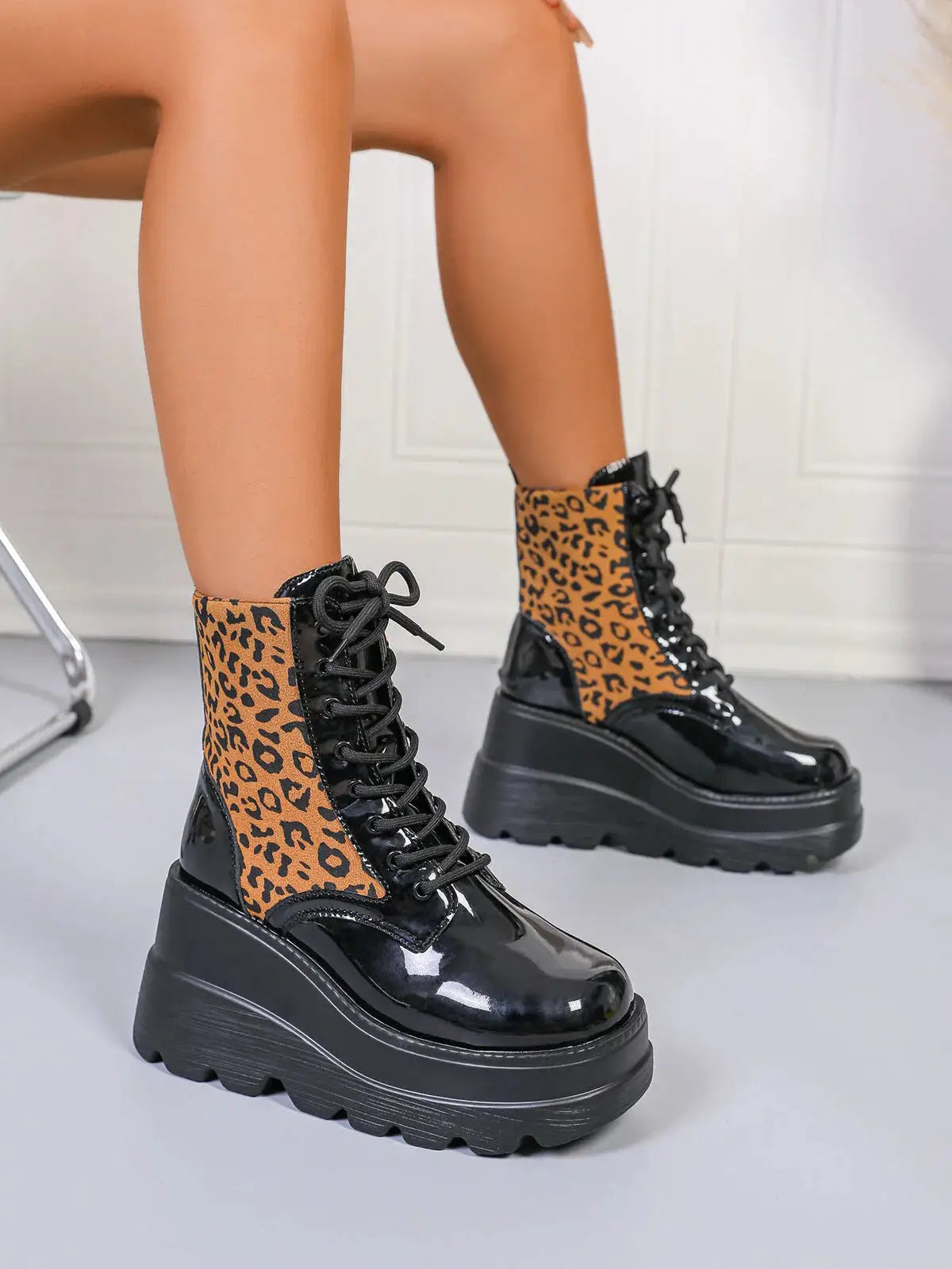 Lace Up Wedge Platform Boots by Trendsi