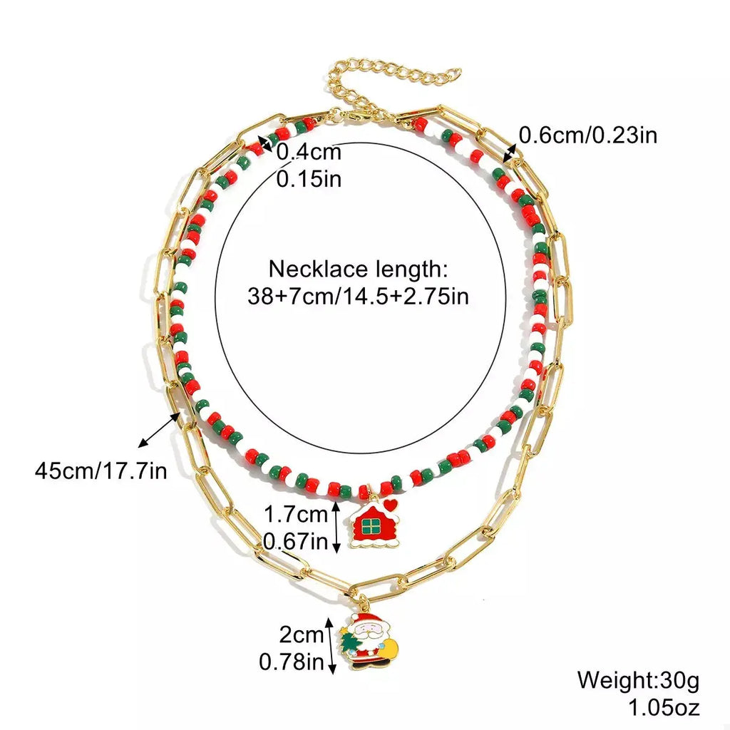 Christmas Double-Layer Necklace with Colorful Beads and Pendant by Trendsi