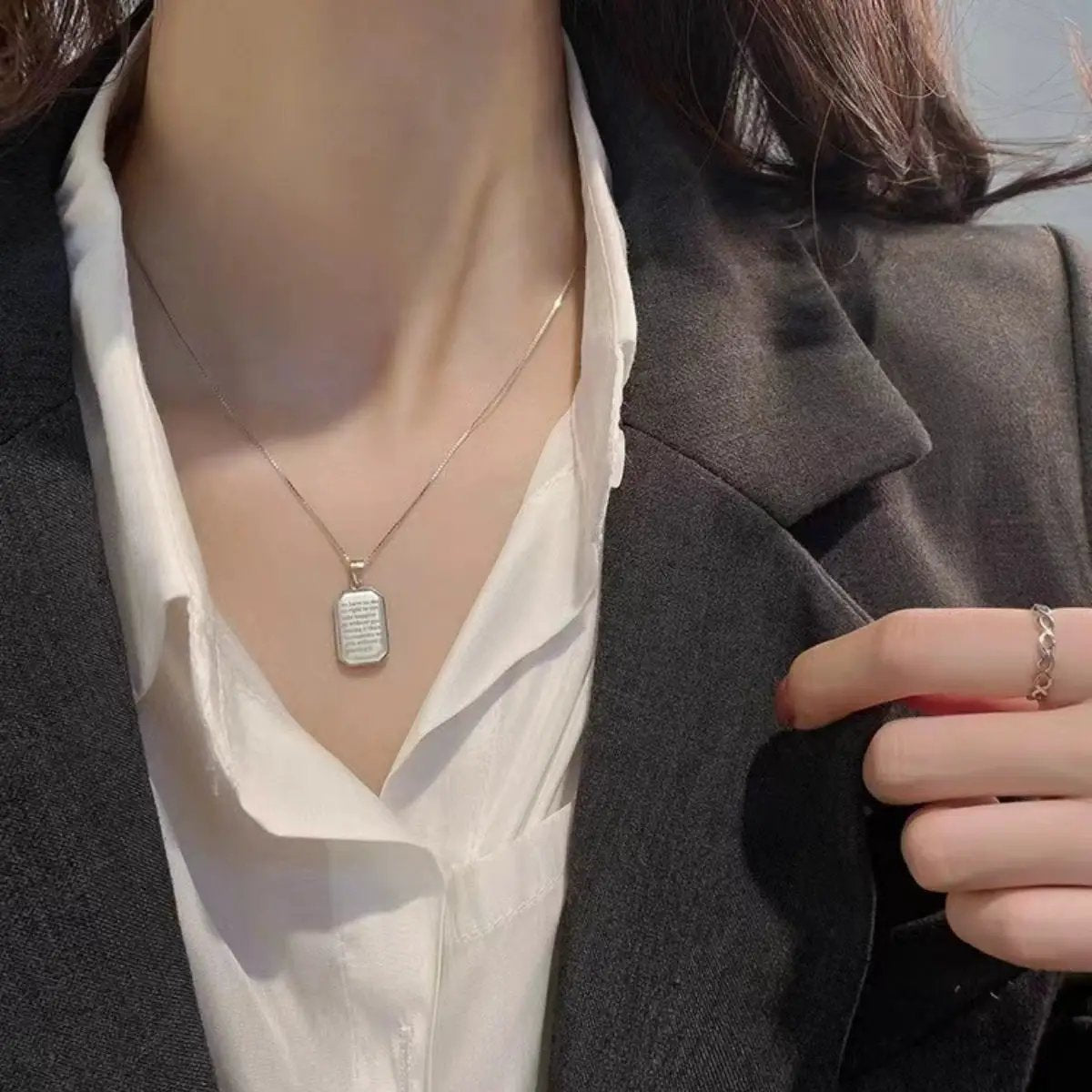 925 Sterling Silver Rectangle Pendant Necklace by Trendsi