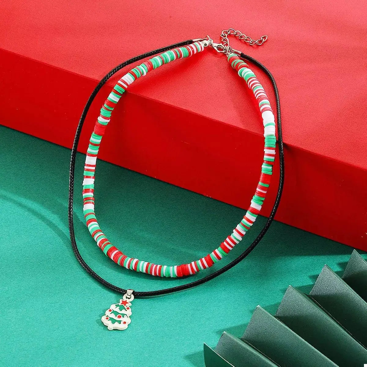 Colorful Double Layered Necklace with Christmas Tree Pendant by Trendsi