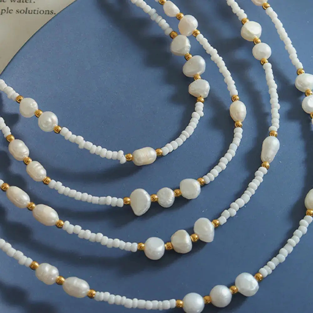 Titanium Steel Glass Bead Pearl Necklace by Trendsi