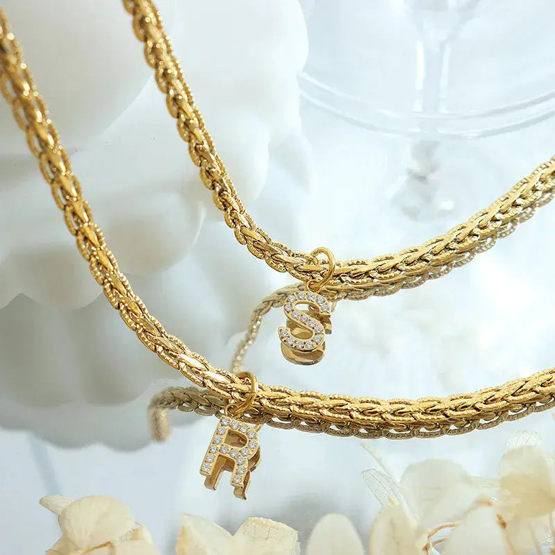 Brass Inlaid Zircon Letter Pendant Necklace by Trendsi