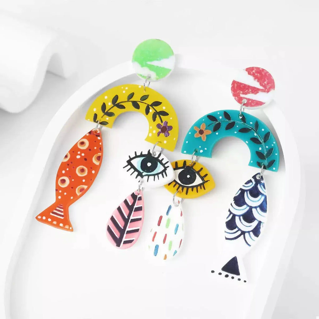 Evil Eye & Fish Dangle Earrings by Trendsi