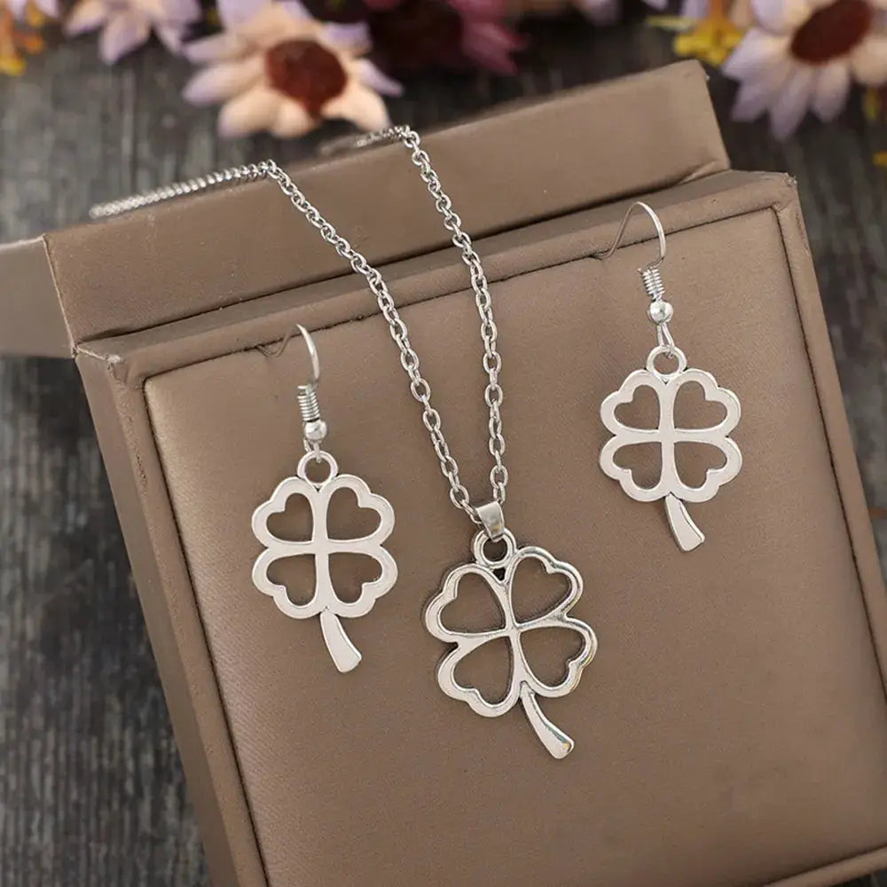 Lucky Clover Alloy Earrings and Necklace Jewelry Set by Trendsi