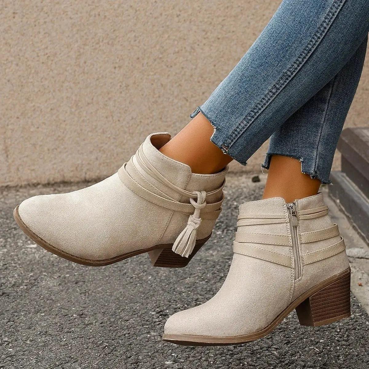 Tassel Point Toe Block Heels Boots by Trendsi