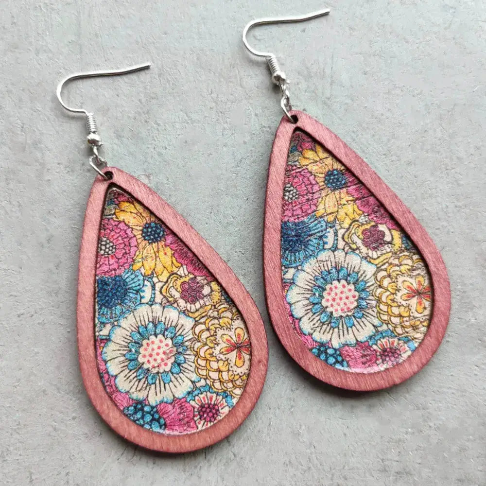 Floral Wood Teardrop Earrings by Trendsi