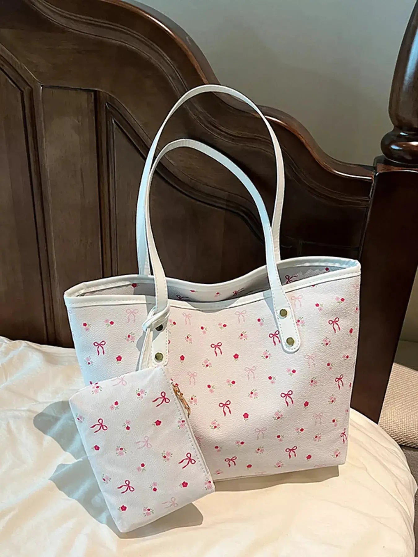 Printed Tote Shoulder Bag with Pouch by Trendsi